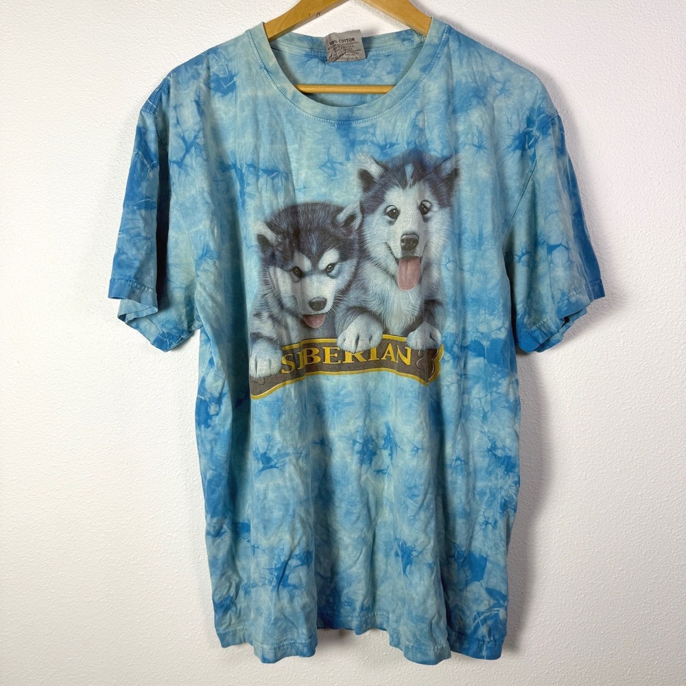 Vintage Rock Eagle Siberian Husky T-Shirt Men XL Blue Good Tie Dye Graphic Print